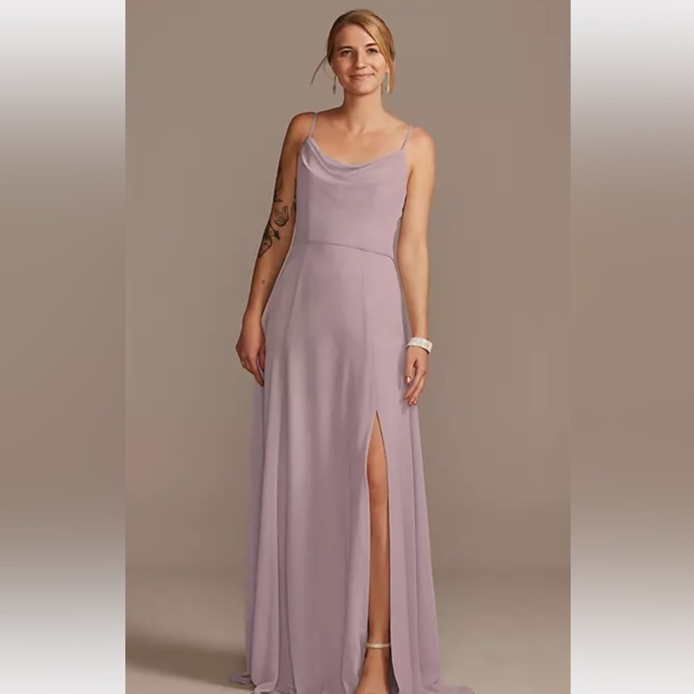 David’s Bridal Womens Cowl Neck Chiffon Bridesmaid Dress w/slit In Lavender Haze